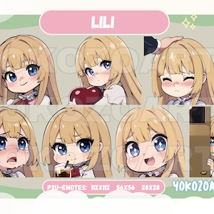 Puede incluir: Un conjunto de seis ilustraciones digitales que representan a una niña de dibujos animados con cabello rubio y ojos azules. La niña se muestra con diferentes expresiones, incluyendo feliz, triste, sorprendida y tímida. Las ilustraciones son de estilo chibi y son perfectas para usar como emojis o avatares.