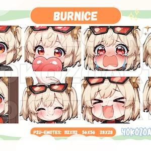 Puede incluir: Un conjunto de ocho ilustraciones digitales que presentan un personaje de dibujos animados con cabello rubio, gafas de sol y una chaqueta de cuero negra. El personaje se muestra con diferentes expresiones faciales, incluyendo sonriendo, llorando y sorprendido. El texto "BURNICE" se muestra en la parte superior de la imagen, y el texto "P2U-EMOTES: 112X112 56X56 28X28 40KOZOARTS" se muestra en la parte inferior.