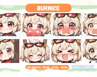 May include: A set of eight digital illustrations featuring a cartoon character with blonde hair, wearing sunglasses and a black leather jacket. The character is shown with different facial expressions, including smiling, crying, and surprised. The text "BURNICE" is displayed at the top of the image, and the text "P2U-EMOTES: 112X112 56X56 28X28 40KOZOARTS" is displayed at the bottom.