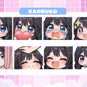 May include: Set of eight anime-style emotes featuring a character with black hair and blue eyes, expressing various emotions. The emotes are labeled "KAORUKO" and are ready to use on Twitch, Discord, and YouTube.