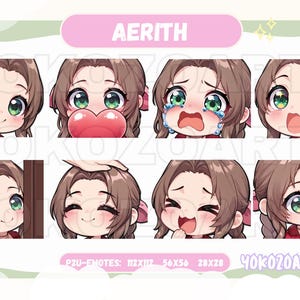 Final Fantasy 7 - Aerith Gainsborough Emotes, Anime Chibi Emotes, Twitch/Discord/Youtube Emotes