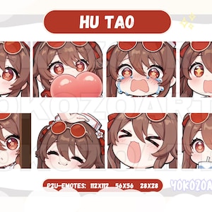 Könnte beinhalten: Ein Satz von acht animierten Emojis mit Hu Tao, einem Charakter aus dem Videospiel Genshin Impact. Die Emojis sind in einem Rasterformat angeordnet und zeigen Hu Tao mit verschiedenen Ausdrücken, darunter lächelnd, weinend und überrascht. Der Text "HU TAO" befindet sich oben im Bild, und der Text "P2U-EMOTES: 122X172 56X56 28X28" befindet sich unten.