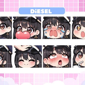 May include: Set of eight digital emotes featuring a cartoon character with black hair and various expressions. The emotes include a waving gesture, holding a heart, crying, and more. The word "DIESEL" is displayed at the top.