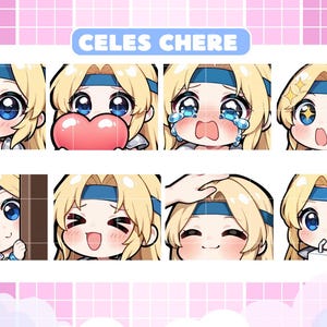 May include: A collection of eight chibi-style emotes featuring a blonde character with blue eyes and a blue headband. The emotes display various expressions, including waving, holding a heart, crying, and sparkling eyes. Text includes "CELES CHERE" and "READY TO USE: 28x | 56x | 112x".