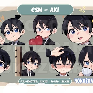 May include: A set of eight digital stickers featuring a cartoon character with black hair and blue eyes. The character is shown in different poses and expressions, including smiling, crying, and holding a heart. The stickers are labeled "CSM - AKI" and "40K020ARTS".