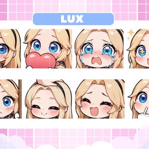 May include: Eight chibi-style emotes of a blonde-haired character with blue eyes, each showing a different emotion. The word "LUX" is displayed at the top. Social media icons are on the left. The emotes are designed for online use.