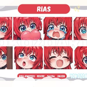 May include: A collection of eight chibi-style digital art emotes featuring a character with red hair and blue eyes. The emotes display various expressions, including waving, holding a heart, crying, and more. The word "RIAS" is at the top.