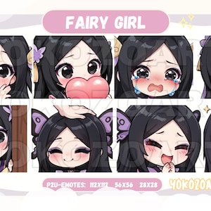 Puede incluir: Un conjunto de ocho ilustraciones digitales que presentan a una niña hada de dibujos animados con diferentes expresiones faciales. Las ilustraciones están en formato de cuadrícula e incluyen expresiones como sonrojarse, sonreír, llorar y sorprenderse. El texto "FAIRY GIRL" está en la parte superior de la imagen, y el texto "P2U-EMOTES: 112X112 56X56 28X28 YOKOZOARTIS" está en la parte inferior.