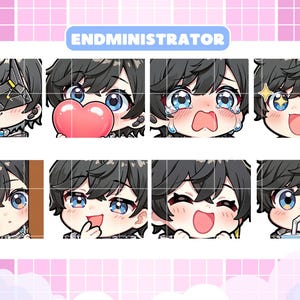 Könnte beinhalten: Ein digitales Sticker-Set mit acht Chibi-Charakterausdrücken mit dunklem Haar und blauen Augen. Das Set enthält Beschriftungen für Twitch, Discord und YouTube sowie den Text ENDMINISTRATOR und @yokozoarts auf dem weißen Hintergrund.