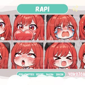 May include: A set of eight digital emoticons featuring a cartoon character with red hair and different facial expressions. The character is named "Rapi" and the text "P2U-EMOTES: 112X112 56X56 28X28 40K020ARTS" is at the bottom of the image.