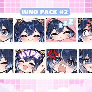 Könnte beinhalten: Eine Sammlung von acht digitalen Emotes, die eine Figur mit blauen Haaren und verschiedenen Gesichtsausdrücken zeigen. Die Emotes zeigen Emotionen wie Erröten, Lächeln, Schlafen und Wut. Der Text "iUNO PACK #2" ist oben zu sehen.