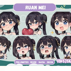 May include: A set of eight digital illustrations featuring a cartoon character with black hair, blue eyes, and a variety of facial expressions. The character is wearing a white and blue outfit with gold accents. The text "RUAN MEI" and "40K020ARTS" are visible in the image.