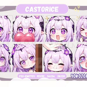 May include: Digital art graphic with eight emotes of a character with lavender hair and purple eyes. The emotes show different expressions, including a heart, tears, and a happy face. The text "CASTORICE" is at the top of the image.