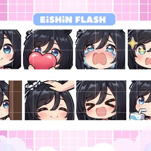 May include: A collection of eight anime-style emotes featuring a character with black hair and blue eyes. The emotes display various expressions, including waving, holding a heart, crying, and drinking. Text includes "EiSHIN FLASH" and "READY TO USE: 28x | 56x | 112x".