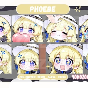 Puede incluir: Colección de emotes digitales con un personaje rubio de estilo anime llamado Phoebe. Los emotes muestran varias expresiones, incluyendo sonreír, llorar y sostener un corazón. La imagen incluye el texto "PHOEBE" y "YOKOZOARTS".