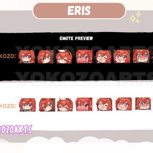 May include: A digital art preview featuring a series of emotes with a red-haired anime character. The emotes display various expressions, including smiling, winking, and blowing a kiss. The text "ERIS", "EMOTE PREVIEW", "Yokoz0:" and "Yokoz0Arts" are visible.