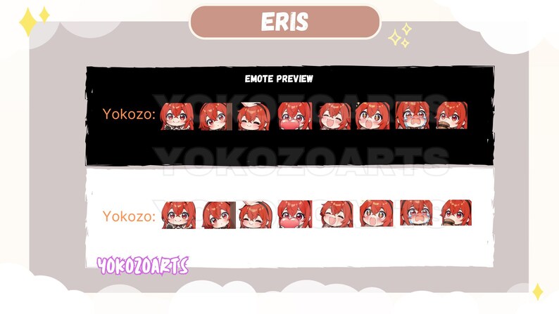 May include: A digital art preview featuring a series of emotes with a red-haired anime character. The emotes display various expressions, including smiling, winking, and blowing a kiss. The text "ERIS", "EMOTE PREVIEW", "Yokoz0:" and "Yokoz0Arts" are visible.