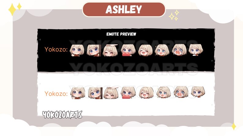 K&ouml;nnte beinhalten: Eine digitale Illustration einer weiblichen Figur mit blonden Haaren und verschiedenen Gesichtsausdr&uuml;cken. Das Bild ist mit "Ashley" und "Emote Preview" beschriftet, wobei der Text "Yokozo:" zweimal wiederholt wird.