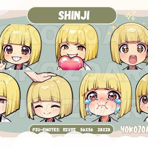 May include: A set of 7 digital illustrations featuring a cartoon character with yellow hair and different facial expressions. The character is wearing a white shirt with a black collar. The illustrations are labeled "SHINJI" and "4OKO2OARTS".