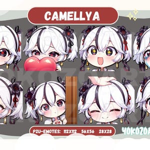 Könnte beinhalten: Ein Satz von acht digitalen Illustrationen mit einer Figur mit weißen Haaren und schwarzen Akzenten. Die Figur hat verschiedene Gesichtsausdrücke, darunter glücklich, traurig, überrascht und errötend. Die Illustrationen sind mit "P2U-EMOTES: 112X112 56X56 28X28 YOKOZOARTS" beschriftet.