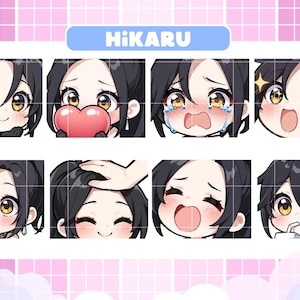 May include: A set of eight digital emotes featuring a cartoon character with black hair and large yellow eyes. The emotes display various expressions, including joy, sadness, and surprise. The word "HiKARU" is written in blue. The image includes social media icons.
