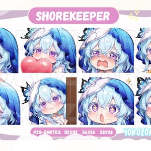 Könnte beinhalten: Ein Satz von acht digitalen Illustrationen mit einem blauhaarigen Charakter mit verschiedenen Gesichtsausdrücken. Der Charakter trägt einen blauen Kapuzenumhang mit einem weißen Schmetterlingsmuster. Der Text "SHOREKEEPER" befindet sich oben im Bild. Der Text "P2U-EMOTES: 112X112 56X56 28X28 YOKOZOARTS" befindet sich unten im Bild.