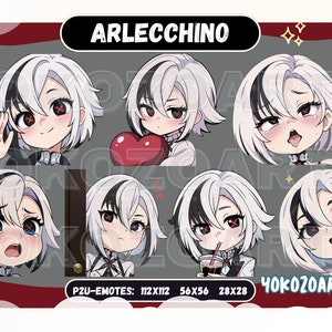 May include: A set of seven digital stickers featuring a character with white and black hair, red eyes, and different facial expressions. The stickers are labeled "ARLECCHINO" and "YOKOZOARTS".