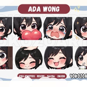 May include: A set of eight digital illustrations featuring a cartoon character with different facial expressions. The character has long black hair, brown eyes, and is wearing a red shirt. The illustrations are labelled "P2U-EMOTES: 112X112 56X56 28X28 YOKOZOARTS".