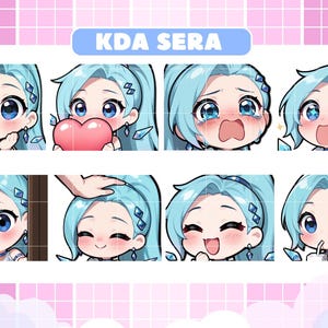 May include: A collection of eight digital art emotes featuring a character with light blue hair and large blue eyes. The emotes display various expressions, including joy, sadness, and holding a heart. Text includes "KDA SERA" and social media icons.