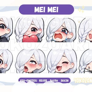 May include: A set of eight digital emoticons featuring a white-haired character with different facial expressions. The character has a braid and is wearing a black shirt. The emoticons are labeled "P2U-EMOTES: 112X112 56X56 28X28"