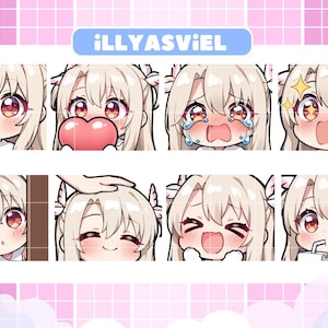 Peut inclure: Ensemble d'émoticônes de style anime représentant un personnage aux cheveux blonds clairs et aux grands yeux rouges. Les émoticônes expriment diverses émotions, notamment la joie, la tristesse et la surprise. Le texte "iLLYASVIEL" est affiché en haut.