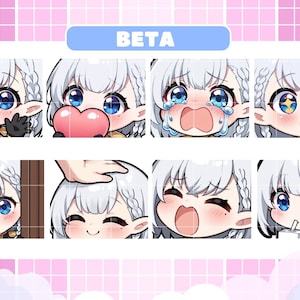 May include: A collection of eight anime-style emotes featuring a character with white hair and blue eyes. The emotes display various expressions, including joy, sadness, and surprise. The word "BETA" is displayed at the top. The image also includes social media icons.