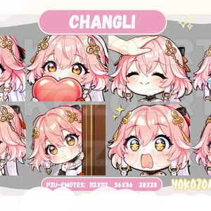May include: A collection of eight chibi-style digital art emotes featuring a character named Changli. The emotes display various expressions, including joy, love, and sadness. The color palette is soft, with pink hair and golden accents. The text "CHANGLI" is at the top.