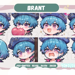 Könnte beinhalten: Ein Satz von acht digitalen Emoticons mit einem blauhaarigen Charakter mit verschiedenen Gesichtsausdrücken. Der Charakter trägt einen blauen und goldenen Piratenhut. Der Text "BRANT" befindet sich oben im Bild. Der Text "P2U-EMOTES: 112X112 56X56 28X28 YOKOZOARTS" befindet sich unten im Bild.
