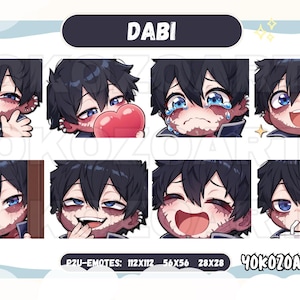 May include: A set of nine digital stickers featuring a cartoon character with different expressions. The character has black hair, blue eyes, and a scar over his right eye. The stickers are labeled "Dabi" and "Yokozoarts".