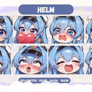 May include: A collection of eight anime-style emotes featuring a character with blue hair and eyes, wearing a cap. The emotes display various expressions, including happiness, crying, and surprise. The word "HELM" is at the top.