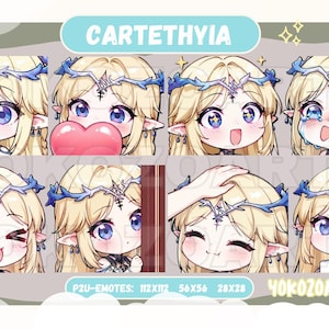 Op de afbeelding: Een verzameling van acht chibi-stijl emotes met een blond personage met blauwe ogen en een blauwe kroon. De emotes tonen verschillende uitdrukkingen, waaronder vreugde, verdriet en verbazing. Het woord "CARTETHYIA" staat bovenaan.