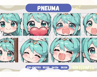 May include: A set of eight digital illustrations featuring a cartoon character with blue-green hair and different facial expressions. The character is holding a heart, crying, smiling, and more. The text "PNEUEMA" is at the top of the image. The text "P2U-EMOTES: 112X112 56X56 28X28 YOKOZOARTS" is at the bottom of the image.