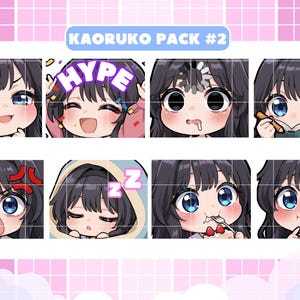 May include: A collection of eight anime-style emotes featuring a character with black hair and blue eyes. The emotes display various expressions, including joy, anger, and sleepiness. Text includes "HYPE" and social media icons for Twitch, Discord, and YouTube. The text "KAORUKO PACK #2" is also present.