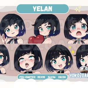 May include: A set of eight digital character emotes featuring a young woman with blue hair and different facial expressions. The emotes are labeled "Yelan" and "Yokozoarts".