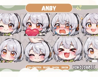 Pode incluir: Um conjunto de oito emoticons digitais que apresentam um personagem de desenho animado com diferentes expressões faciais. O personagem tem cabelo branco, olhos castanhos e usa uma camisa verde. Os emoticons são etiquetados como "P2U-Emotes: 122x122, 56x56, 28x28" e "40KOZOARTS".