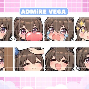 Può includere: Una collezione di otto emote in stile anime con un personaggio con capelli castani e occhi rosa. Le emote mostrano varie espressioni, tra cui salutare, tenere un cuore, piangere e sorridere. Il testo "ADMIRE VEGA" è visibile in alto.