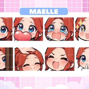 Könnte beinhalten: Eine Sammlung von acht Cartoon-Emotes mit einer Figur mit roten Haaren und blauen Augen, die verschiedene Emotionen ausdrückt. Die Emotes zeigen eine winkende Geste, ein Herz, weinen und funkelnde Augen. Der Name "MAELLE" wird über den Emotes angezeigt.
