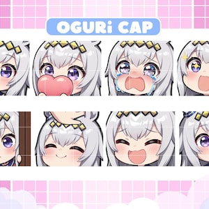 May include: Eight anime-style emotes showcasing a character with white hair and purple eyes. The emotes depict diverse expressions, such as waving, holding a heart, crying, and smiling. Text includes "OGURI CAP" and social media icons for Twitch, Discord, and YouTube.