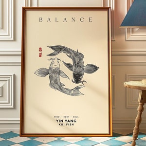 Impresión de pez koi, póster de Yin Yang, arte de pared vintage estético, impresión de arte japonés en blanco y negro de moda, póster relajante, decoración de pared de atención plena