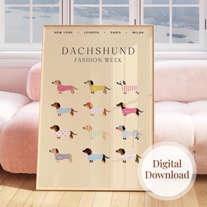 Impresión artística de moda de perro salchicha, regalo de póster de animal divertido, arte de pared de perro lindo, impresión de perro salchicha para decoración de pared de moda, póster de arte moderno colorido