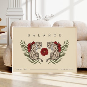 Botanical Tiger Art Print: Beige Zen Home Decor (Digital Download)