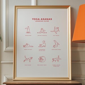 Könnte beinhalten: Ein goldfarbener gerahmter Poster mit weißem Hintergrund und roten Illustrationen von Katzen in verschiedenen Yoga-Posen. Der Poster trägt oben den Titel "Yoga Asanas Learning Guide".