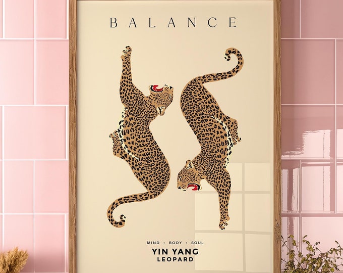 Stilvolle Leopard Wandkunst, trendiges Tier Kunstdruck, ästhetische Wanddekoration, Gepard Poster, Yin Yang Poster Achtsamkeit modernes Wanddekor Geschenk