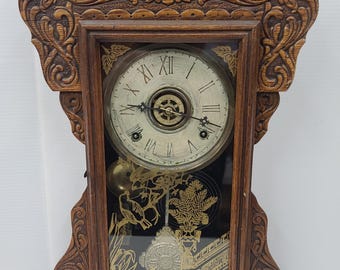 1903 Gilbert Capklemme 045 Gingerbread Kaminuhr - Restauriertes antikes Eichen Eastlake Design, 8-Tage Streikwerk
